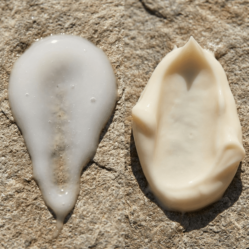 Side-by-side comparison of clear liquid serum and thick beige cream.