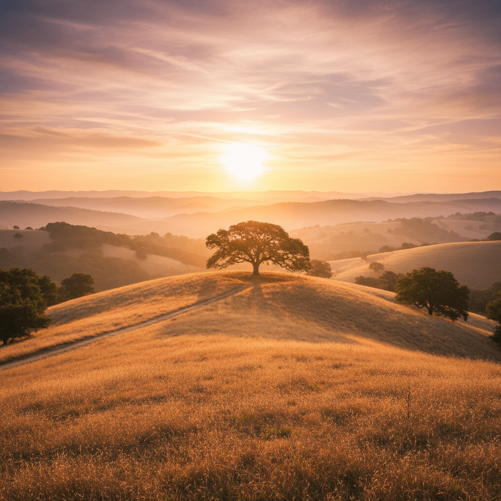 Lone oak tree on a hilltop at sunset with misty rolling hills in the background.