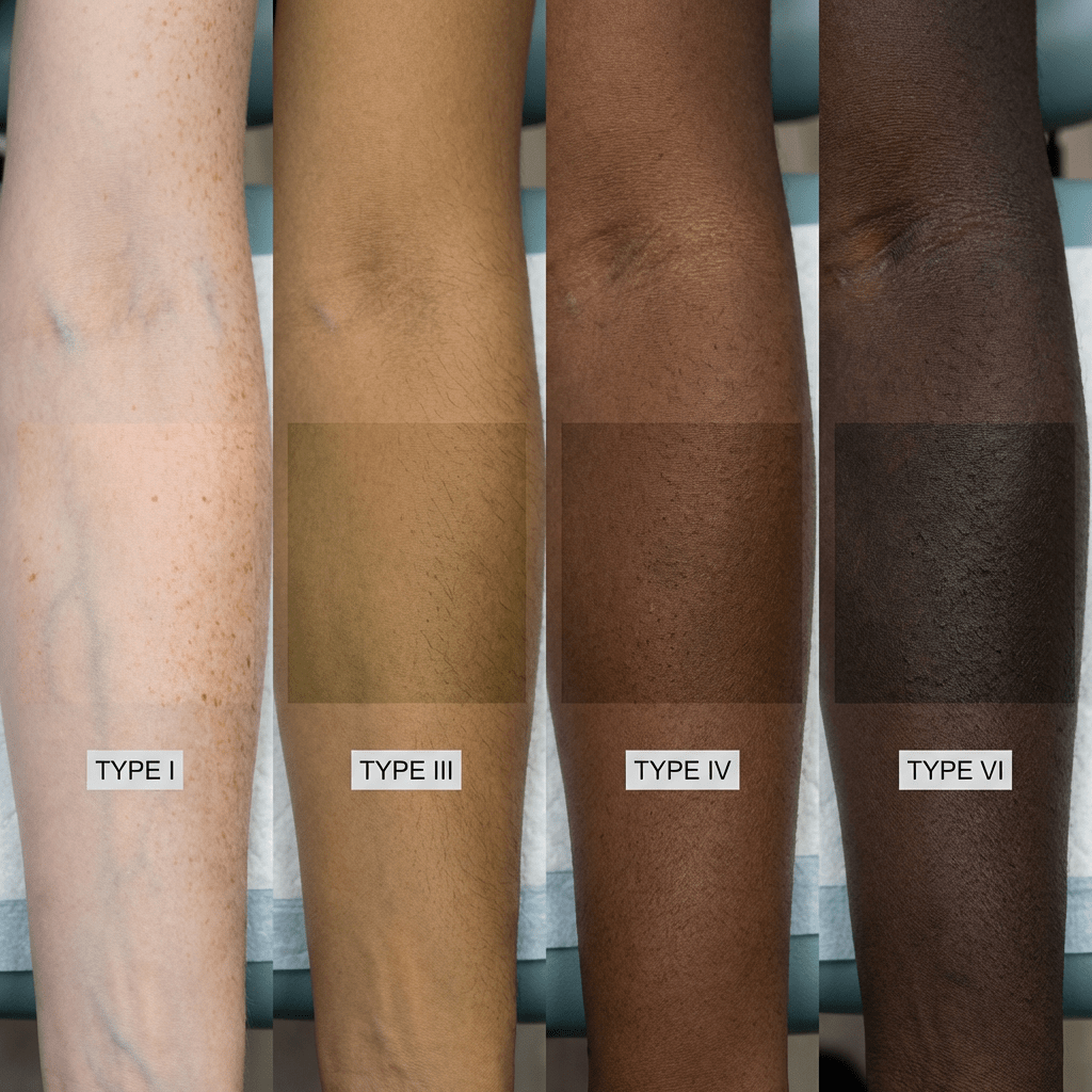 Comparison of skin tones labeled TYPE I, TYPE III, TYPE IV, and TYPE VI.