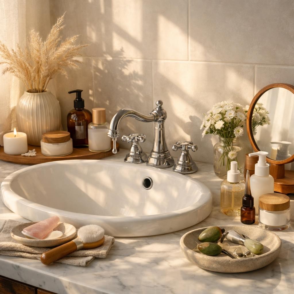 Bathroom sink with skincare bottles, a brush, soap, flowers, and a round mirror