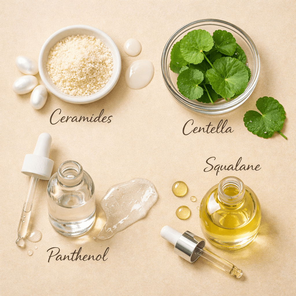 Ceramides powder, centella leaves in glass bowl, panthenol clear liquid in dropper bottle, and squalane yellow oil with pipette