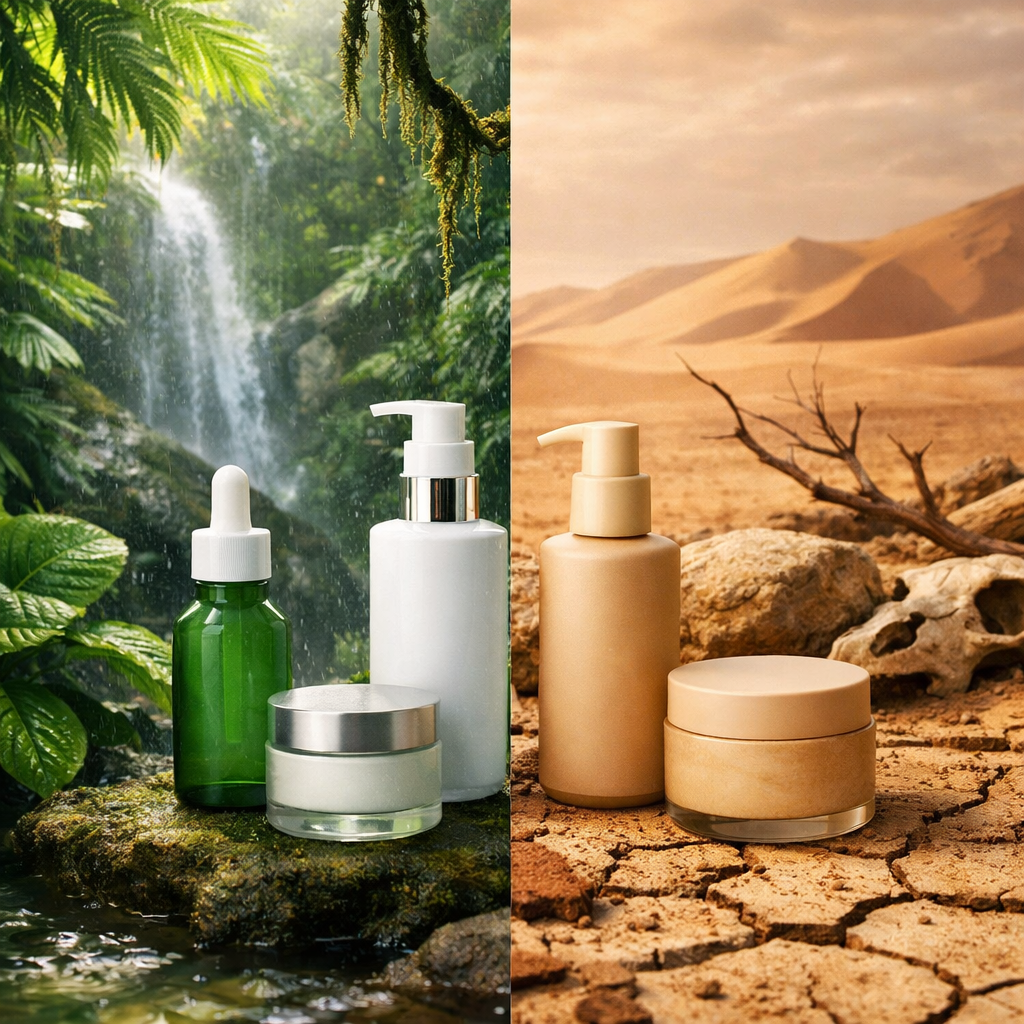 Skincare bottles and jars placed in contrasting rainforest and desert environments