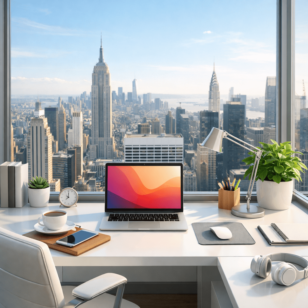 Desk setup with laptop, coffee cup, smartphone, desk lamp, potted plants, and New York City skyline