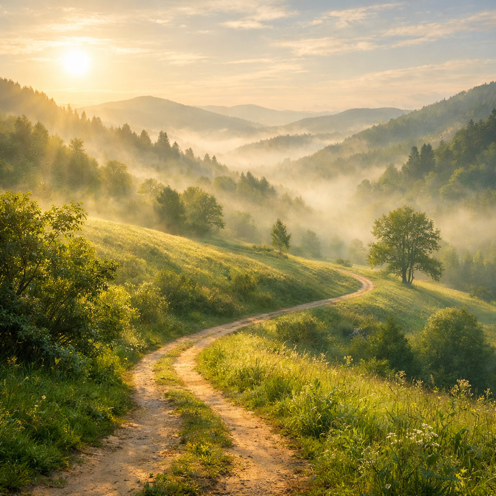 Winding dirt path through grassy hills with morning mist and sun