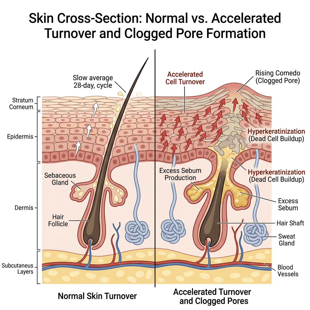 Cross-section of skin showing normal turnover versus accelerated turnover with clogged pore formation