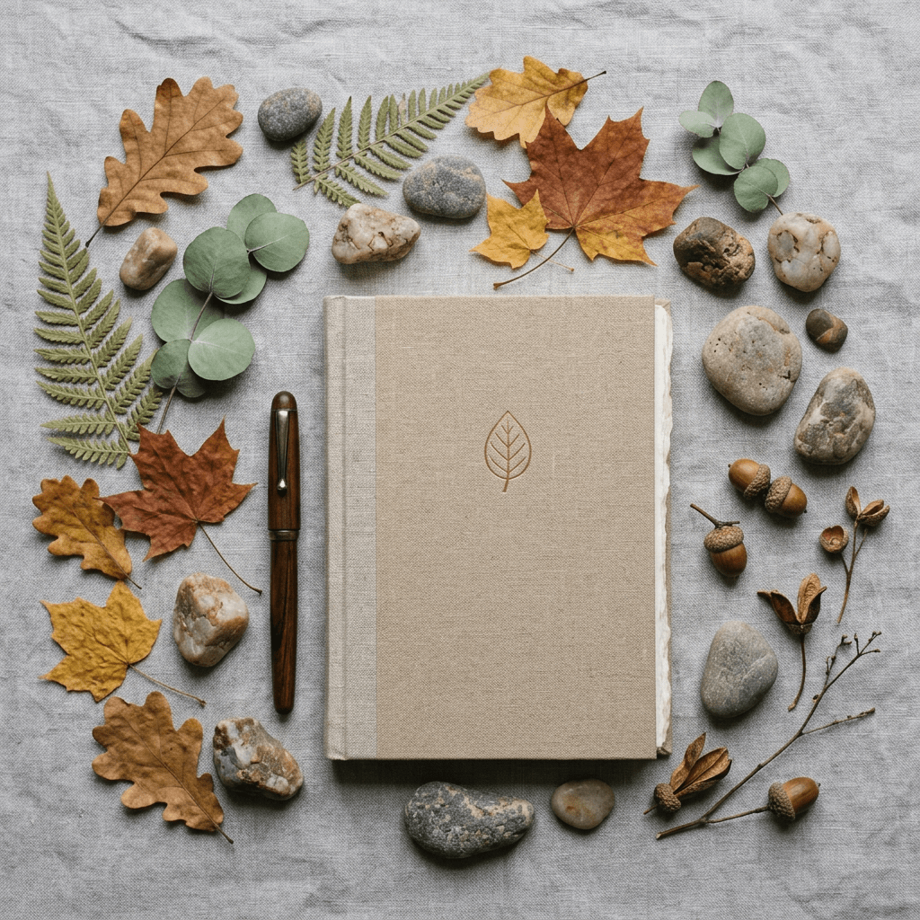 Closed beige journal with leaf emblem surrounded by autumn leaves, stones, acorns, and a wooden pen on linen fabric