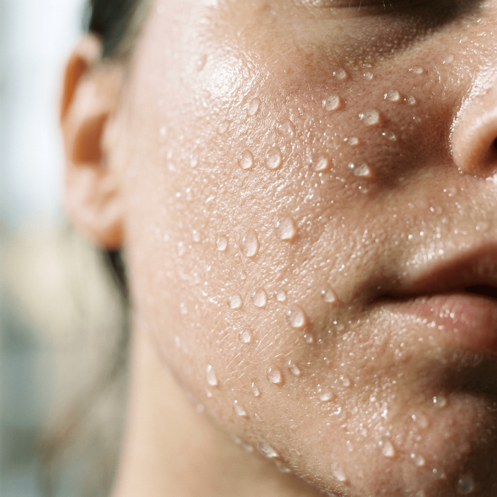 Cheek and chin of a person with water droplets on skin
