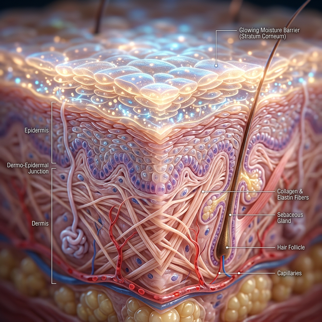 Cross-section of human skin showing epidermis, dermis, hair follicle, glands, fibers, and blood vessels