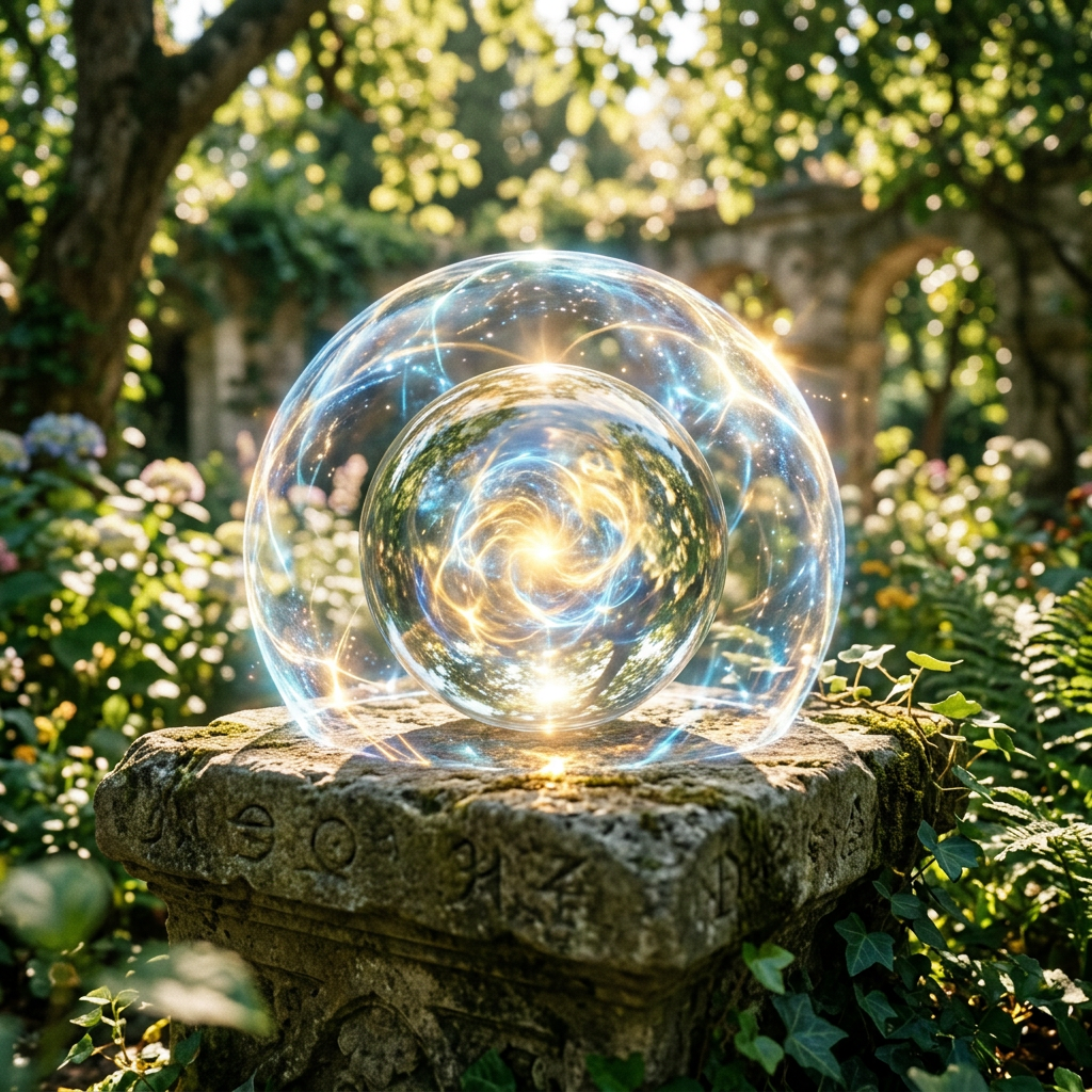 Glowing mystical orb with swirling light patterns on stone pedestal surrounded by greenery