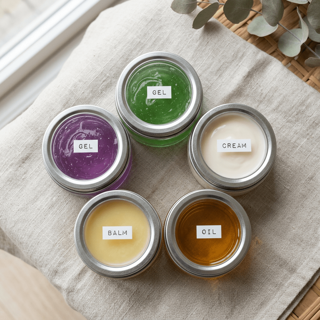 Five jars labeled gel, cream, balm, and oil with various colored contents