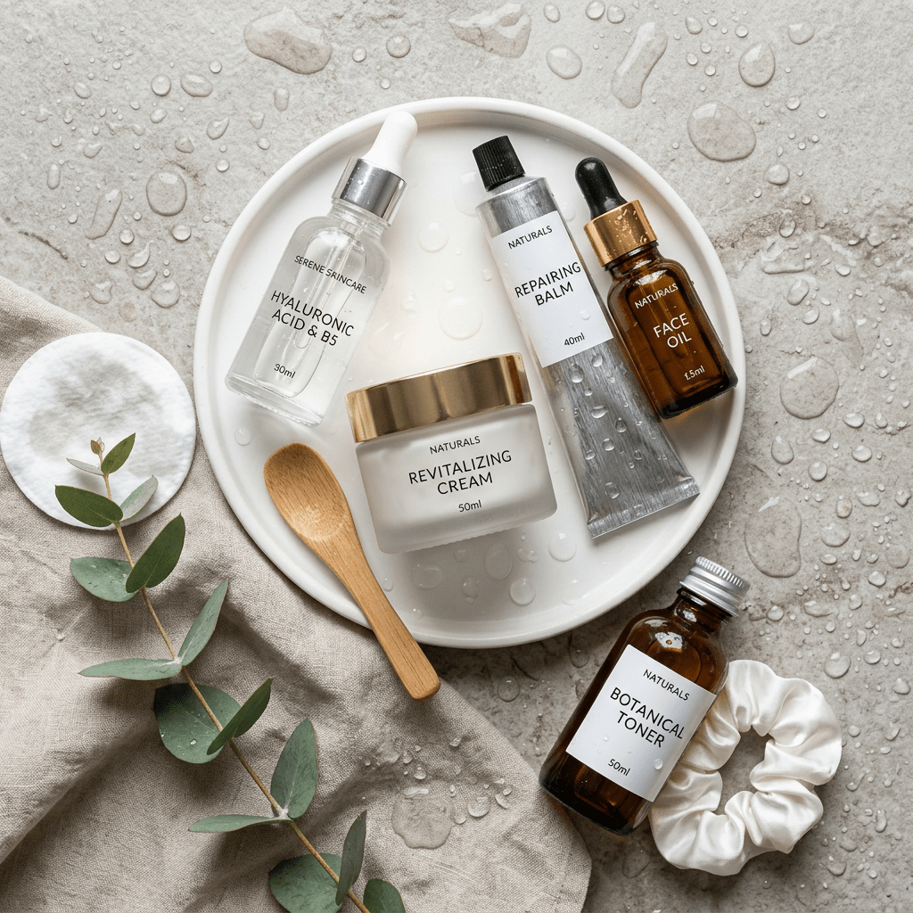 Various natural skincare products including hyaluronic acid, revitalizing cream, repairing balm, face oil, and botanical toner on a white plate with wooden spoon and green leaves