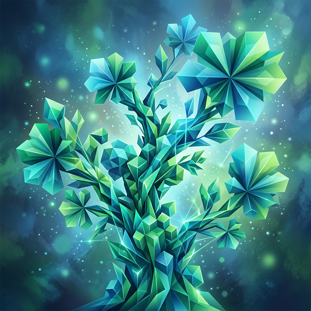 Geometric crystal flowers with blue and green facets glowing in a digital bouquet