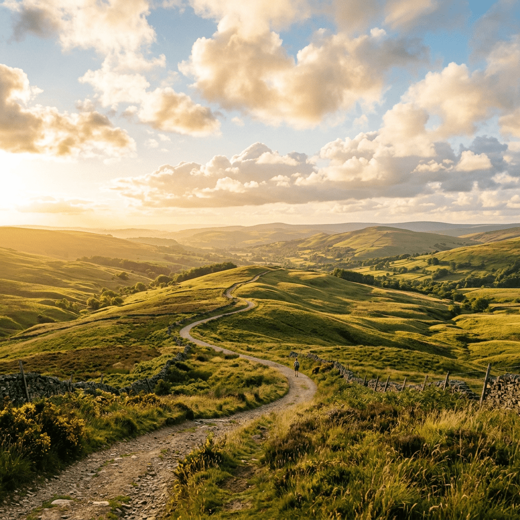 Winding dirt path through sunlit rolling green hills with scattered bushes and stone fences
