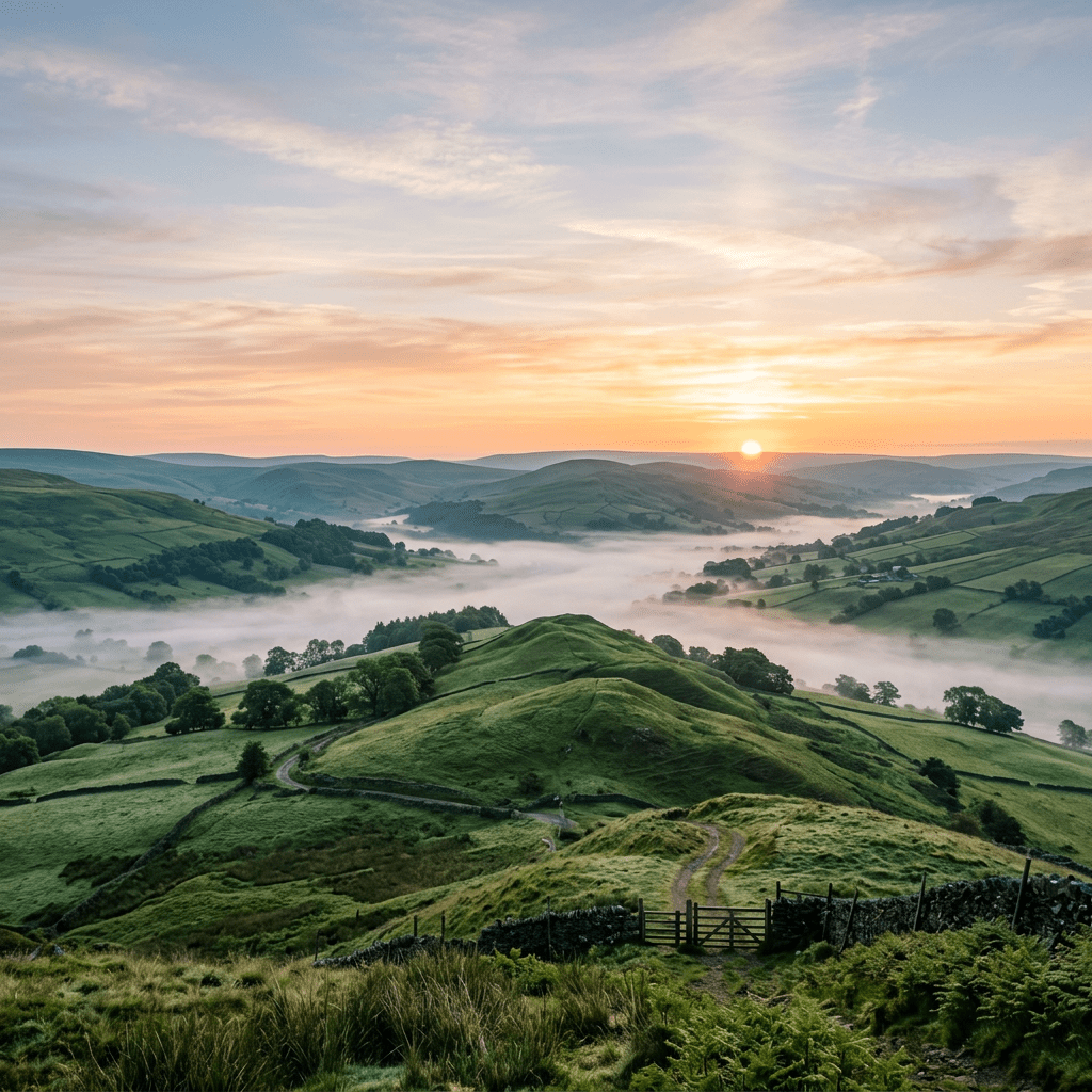 Sun rising over green rolling hills with mist in the valley below