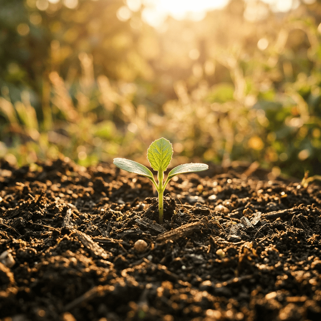 Tiny green plant sprouting from dark soil with sunlight in background