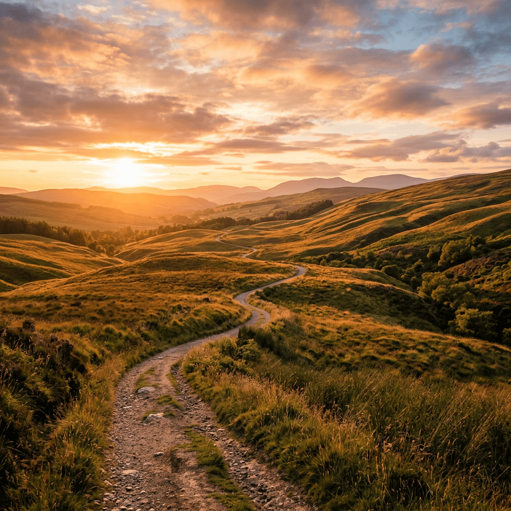 Winding dirt path through rolling grass-covered hills under a colorful sunset sky