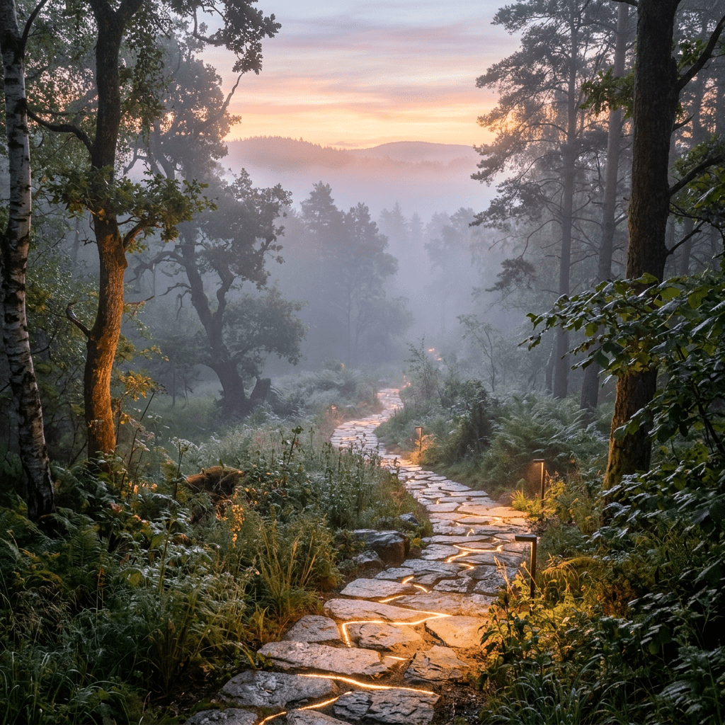 Winding stone path lit by small lights through misty forest at sunset