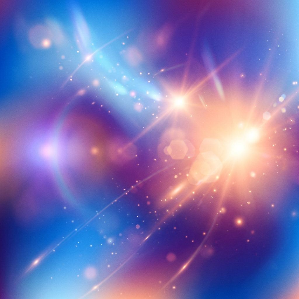 Colorful cosmic light rays with lens flares and glowing particles.