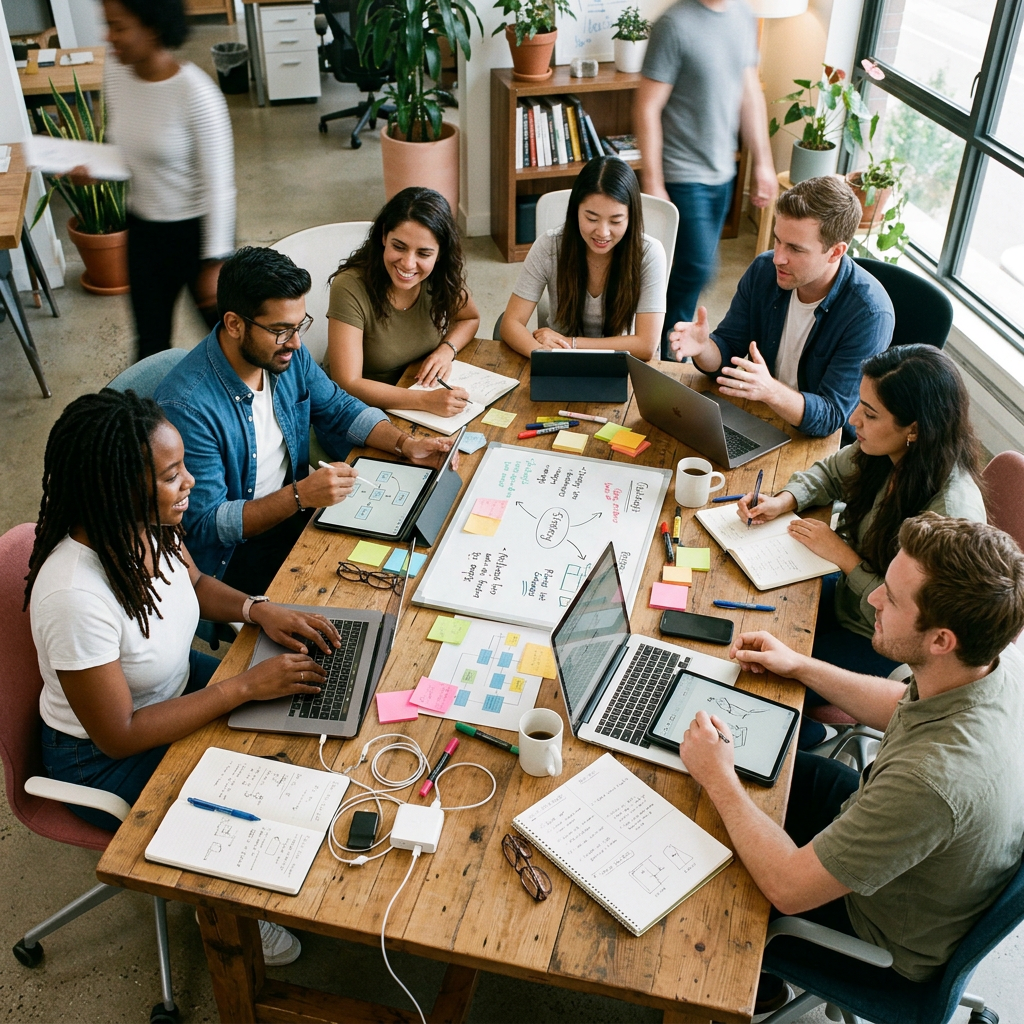 Seven people collaborating around a table with laptops, tablets, notebooks, and a whiteboard