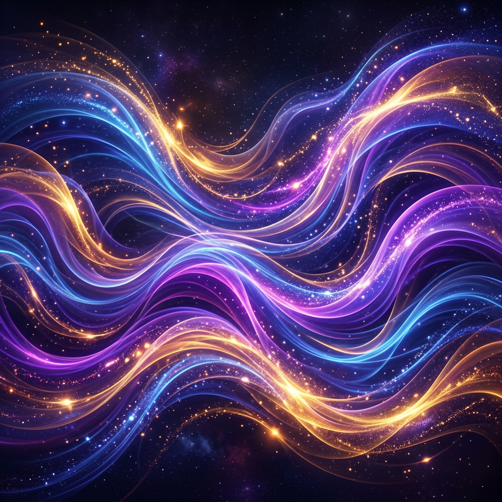 Swirling waves of blue, purple, and gold light with sparkling particles