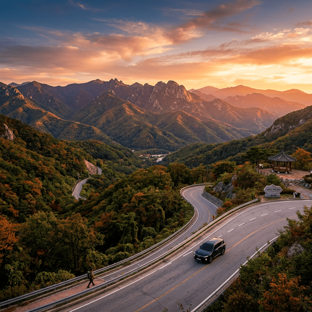 Winding mountain road with a car and gazebo during sunset