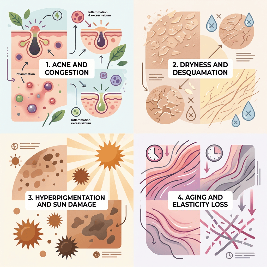 Illustrations showing acne and congestion, dryness and desquamation, hyperpigmentation and sun damage, aging and elasticity loss in skin