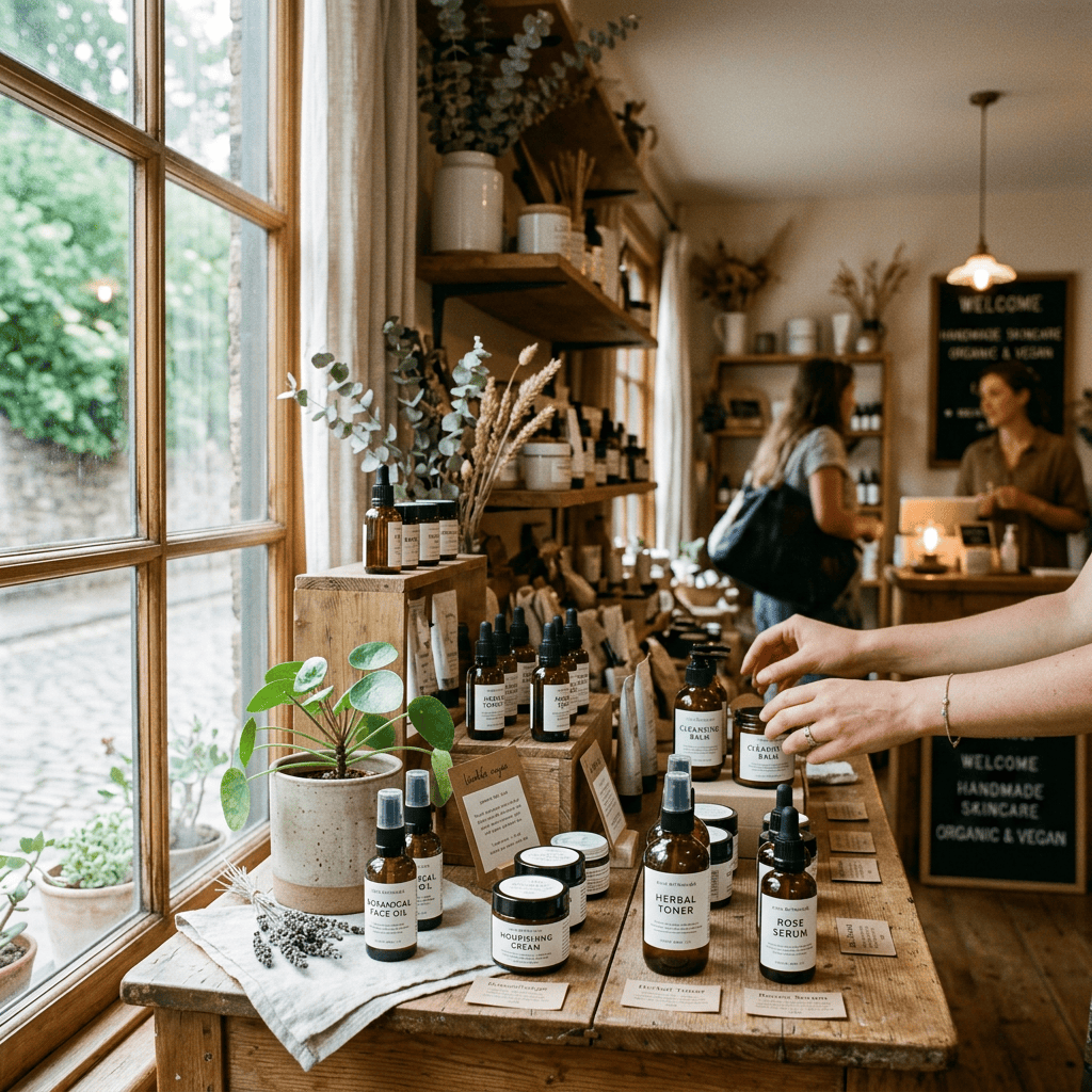 Wooden table and shelves displaying organic skincare bottles and jars in a bright shop interior