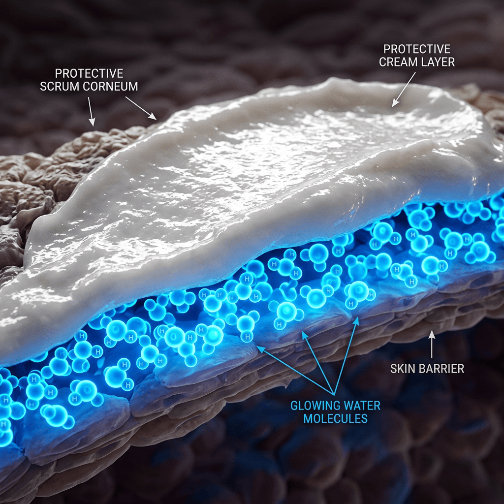 Skin barrier with protective cream layer and glowing water molecules in protective scrum corneum