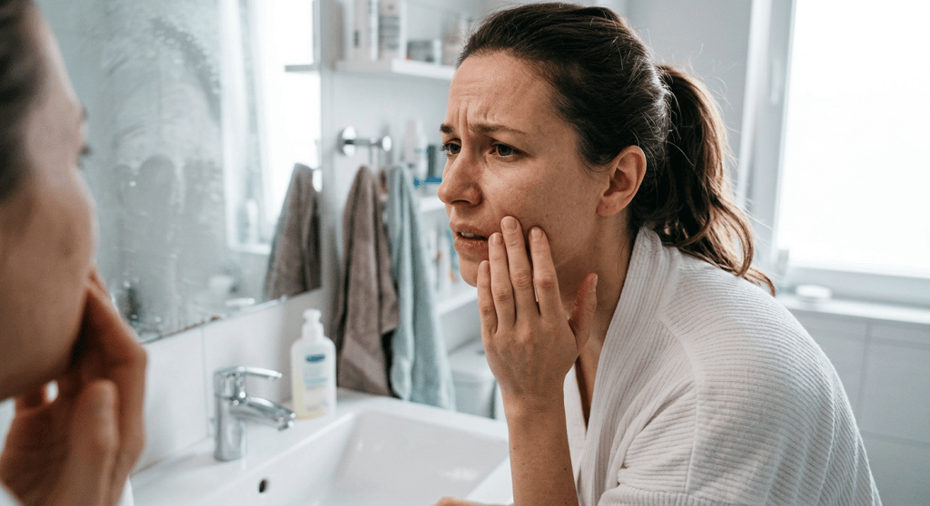 Woman examining her face closely in the bathroom mirror looking concerned
