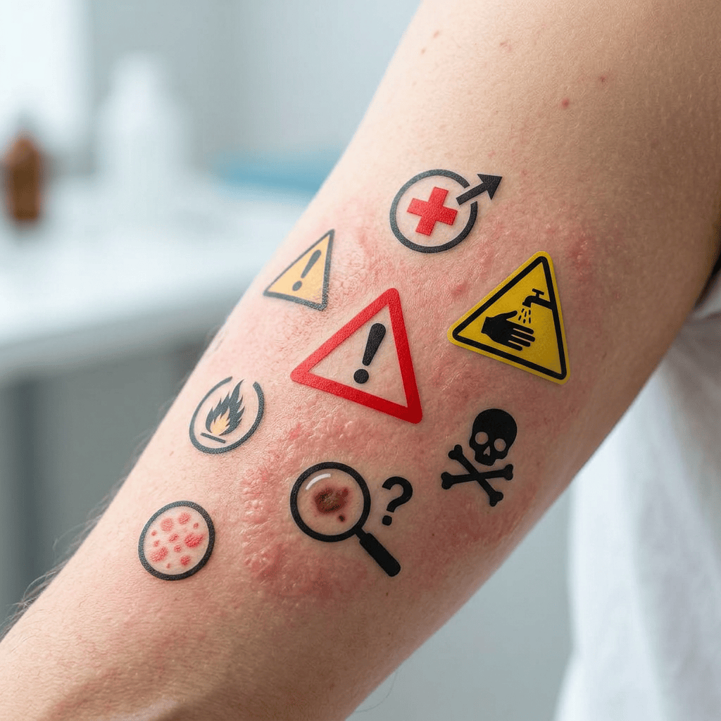 Arm with red, bumpy skin and medical warning icons including exclamation marks, flame, skull and crossbones, and a magnifying glass over a spot