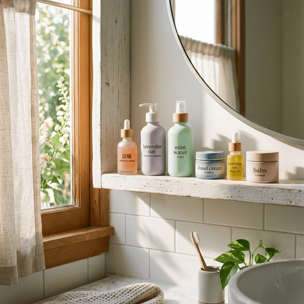 Six skincare products arranged on a white wooden shelf with a round mirror and a window in the background